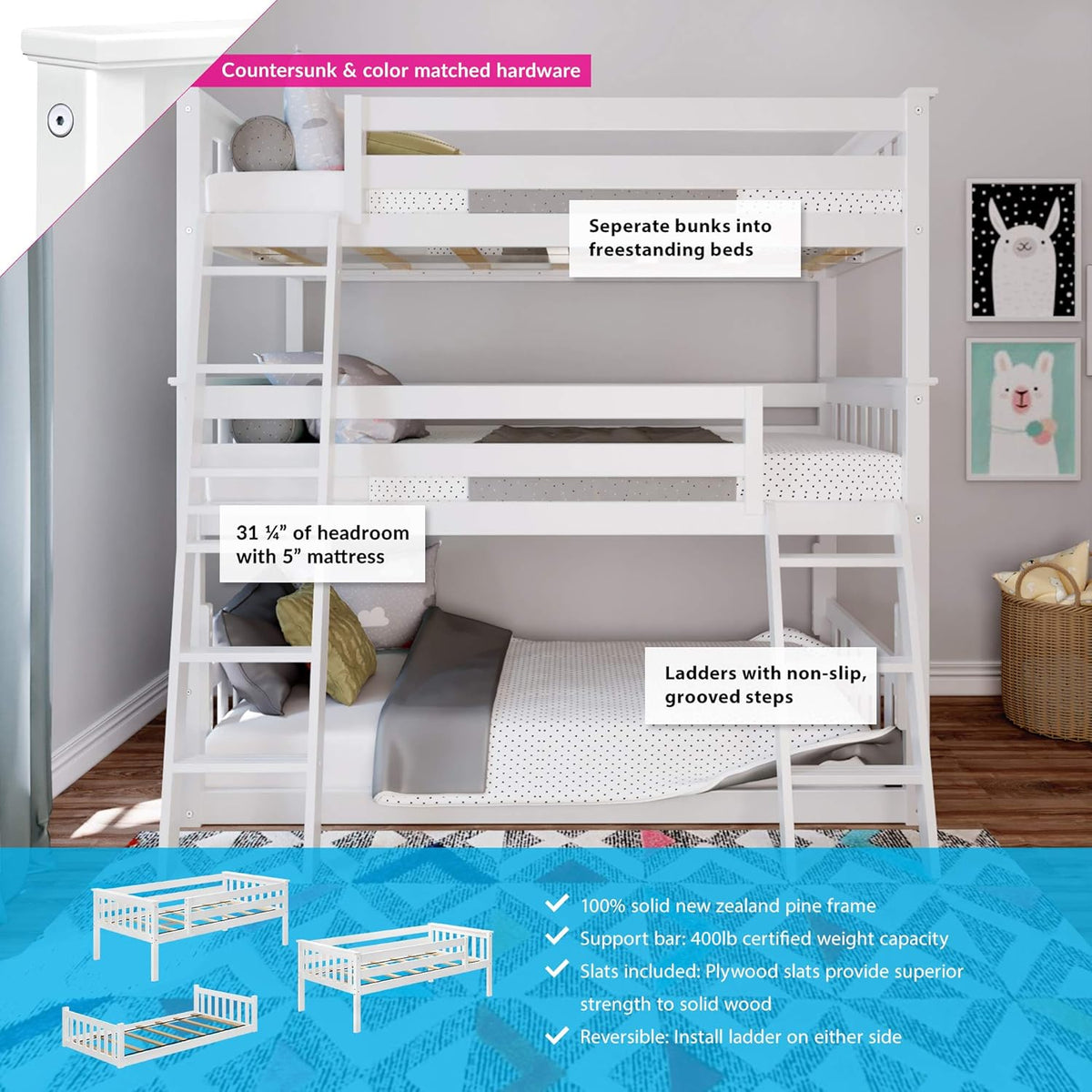 Max & Lily Triple Twin Bunk Bed, Solid Wood Bed Frame For Kids, No Box Spring Needed, Easy Assembly, White