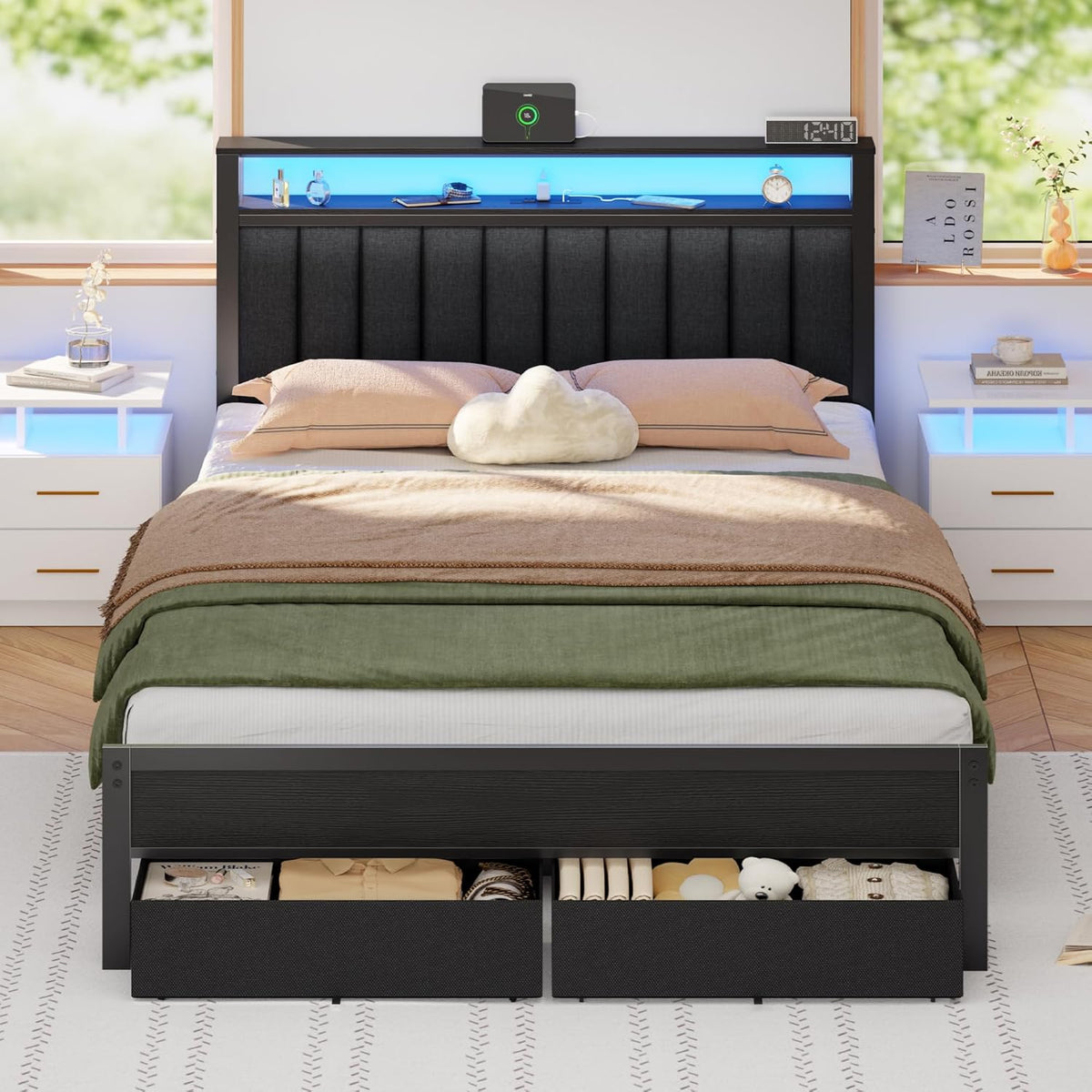 Furnulem Queen Bed Frame with Charging Station and LED Lights, Grey Upholstered Headboard with Shelves, Metal Platform Bed with 2 Under-Bed Storage (Fabric Drawer on Wheels), No Box Spring Needed
