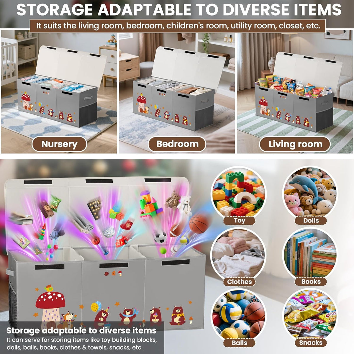 120L Large Toy Storage Box with Lid, Extra Large Toy Box Chest, Large Toy Box for Kids, Girls and Boys, Nursery Room and Living Room, 40"x13" x16" (grey-bear)