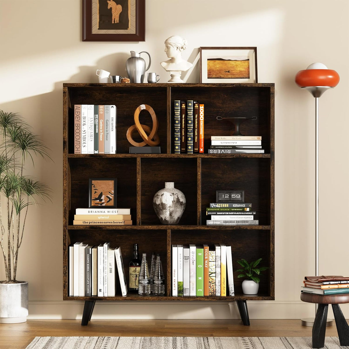 Shintenchi Cube Storage Organizer, 3 Tier Mid-Century Bookcase with Legs Cubeicals Retro Wood Organizer Storage Bookcase, Freestanding Open Book Shelves for Bedroom,Living Room,Office(Brown)