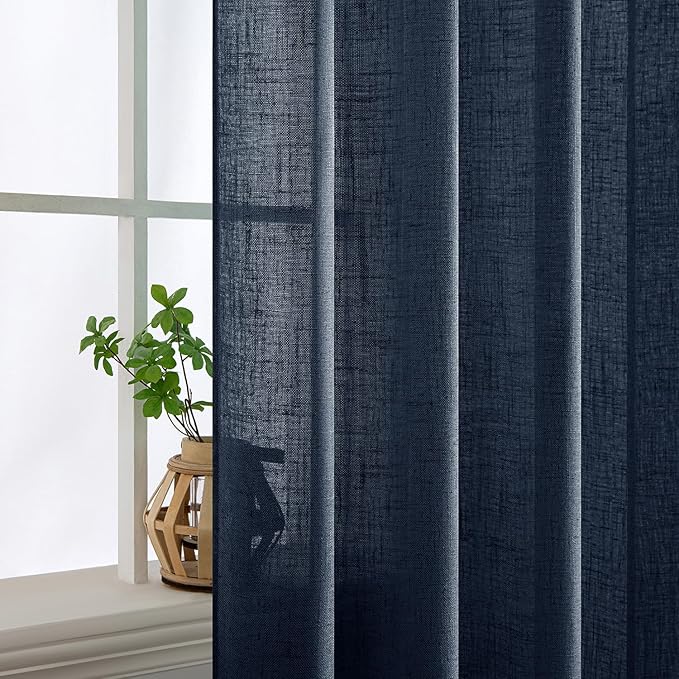 MIULEE Navy Blue Linen Curtains 96 Inch Length 2 Panels