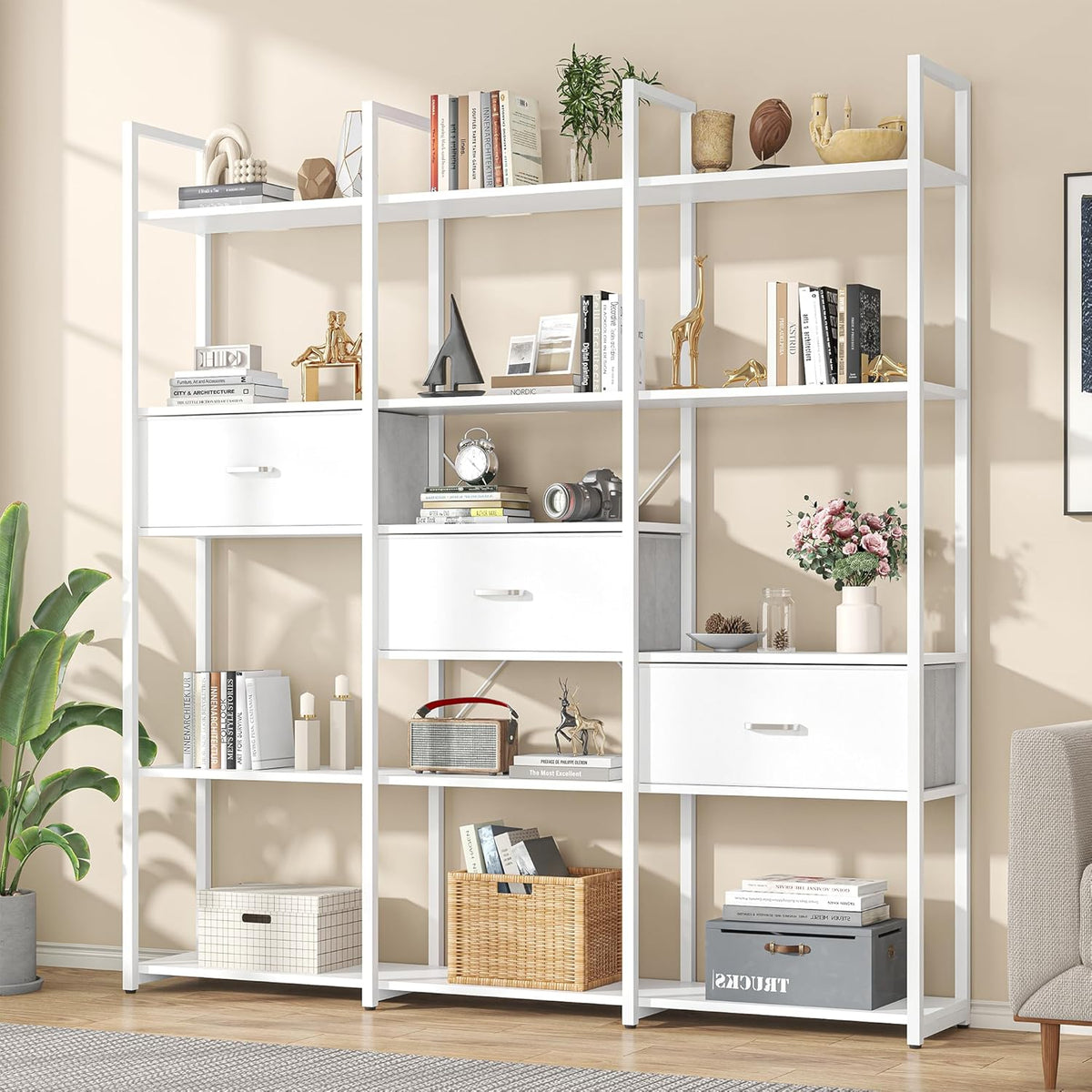 73.6" Tall Bookshelf with 3 Drawers and 16 Storage Shelves, Industrial Bookcase with 16 Open Display Shelves, Large Etagere Bookshelf, Triple Wide Book Shelf Book Case for Home & Office, White