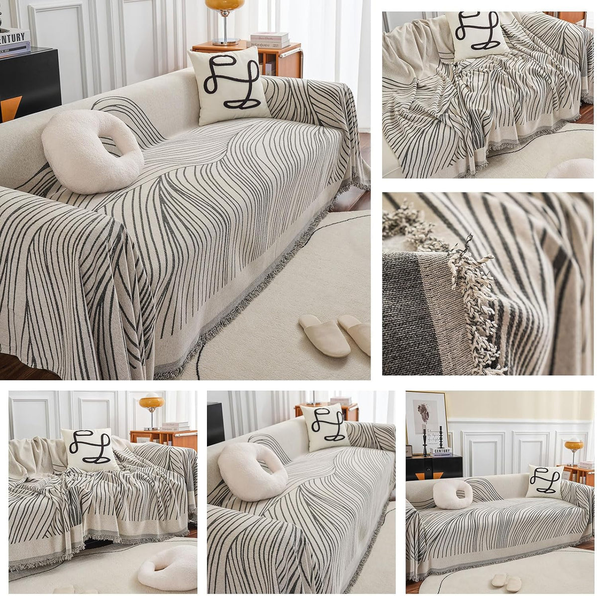 STACYPIK Stylish Striped Sofa Cover for Dogs, Non-Slip Boho Couch Cover for Sectional, Pet-Friendly Furniture Covers for 2 Cushion Couch, Abstract Jacquard Loveaseat Cover Sofa Throw Blanket-71x118IN