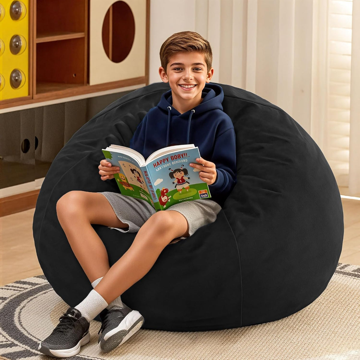 HABUTWAY 2FT Bean Bag Chair, 2' Beanbags Small Bean Bag Chairs with Filling, Teardrop Bean Bag Chair Luxurious Velvet Ultra Soft Fur with Removable Cover (Black)