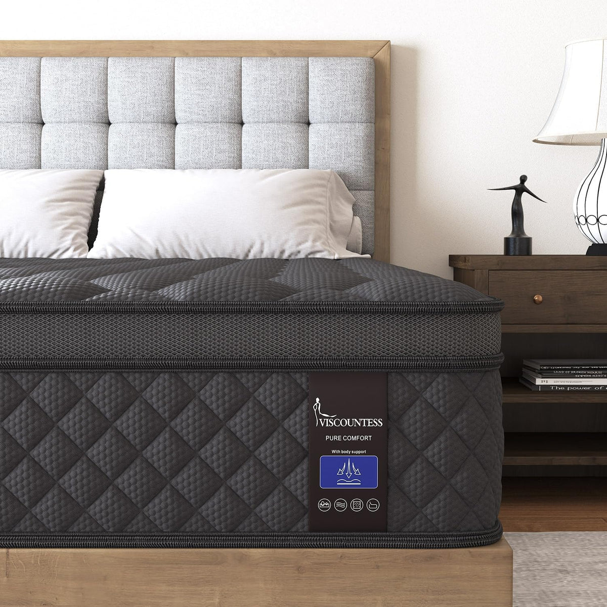 Queen Mattress, 12 Inch Hybrid Mattresses Black, Euro Top Medium Firm for Back & Lumbar Support, 100 Night Trial, Individual Pocket Spring for Motion Isolation & Pressure Relief