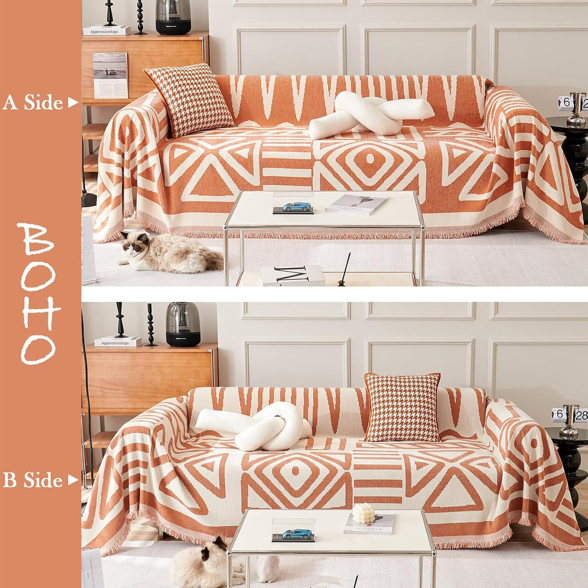 HANDONTIME Orange Sofa Covers for Loveseat, 3 Cushion Couch, Boho Style, Soft Chenille, Dog-Friendly, Thick Washable, 91" X134"
