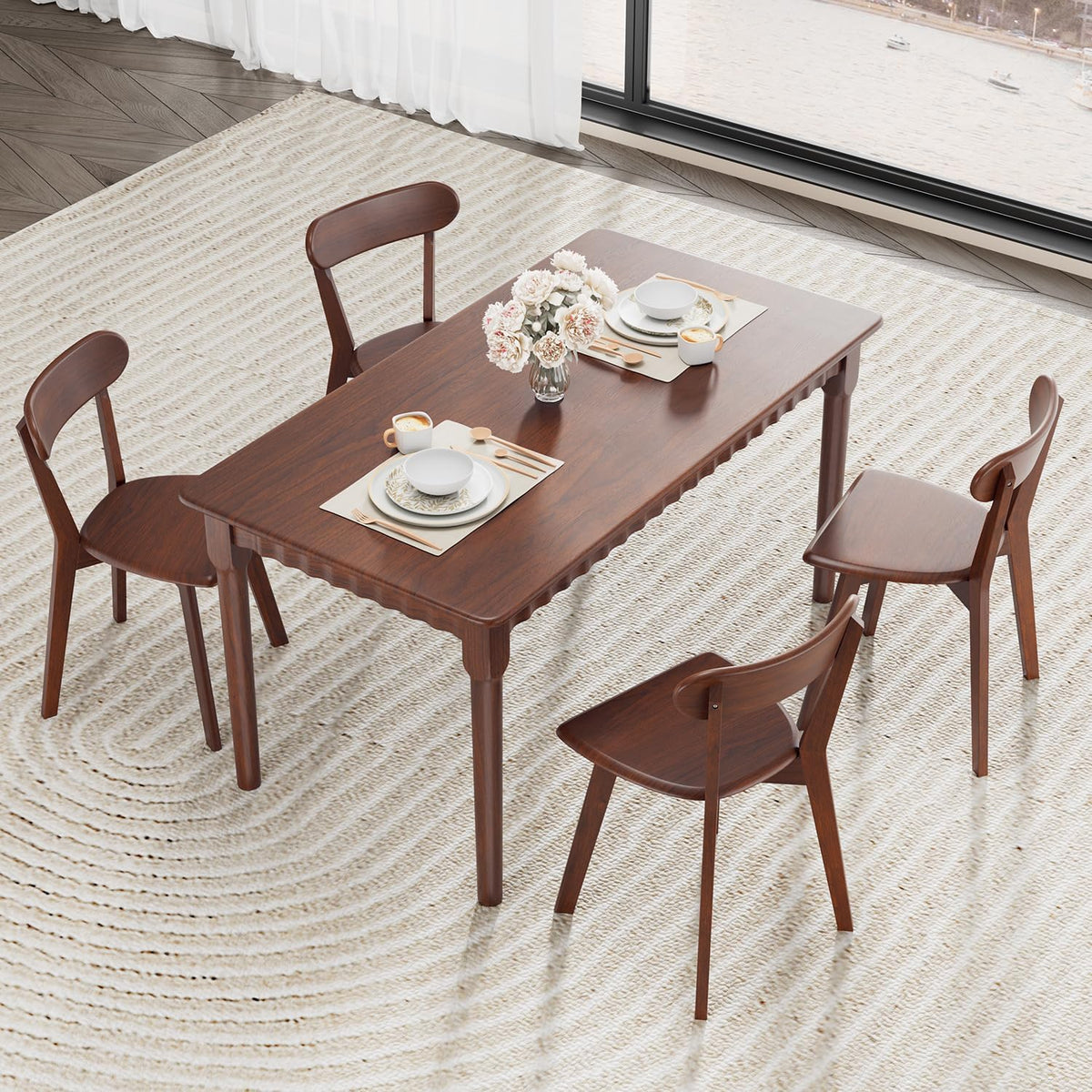 Solid Wood Dining Chairs Set of 4, Farmhouse Kitchen Chairs with Oak Backrest, Wooden Dining Room Chairs for Dining Room, Living Room, Non-Slip Foot Pads, Walnut