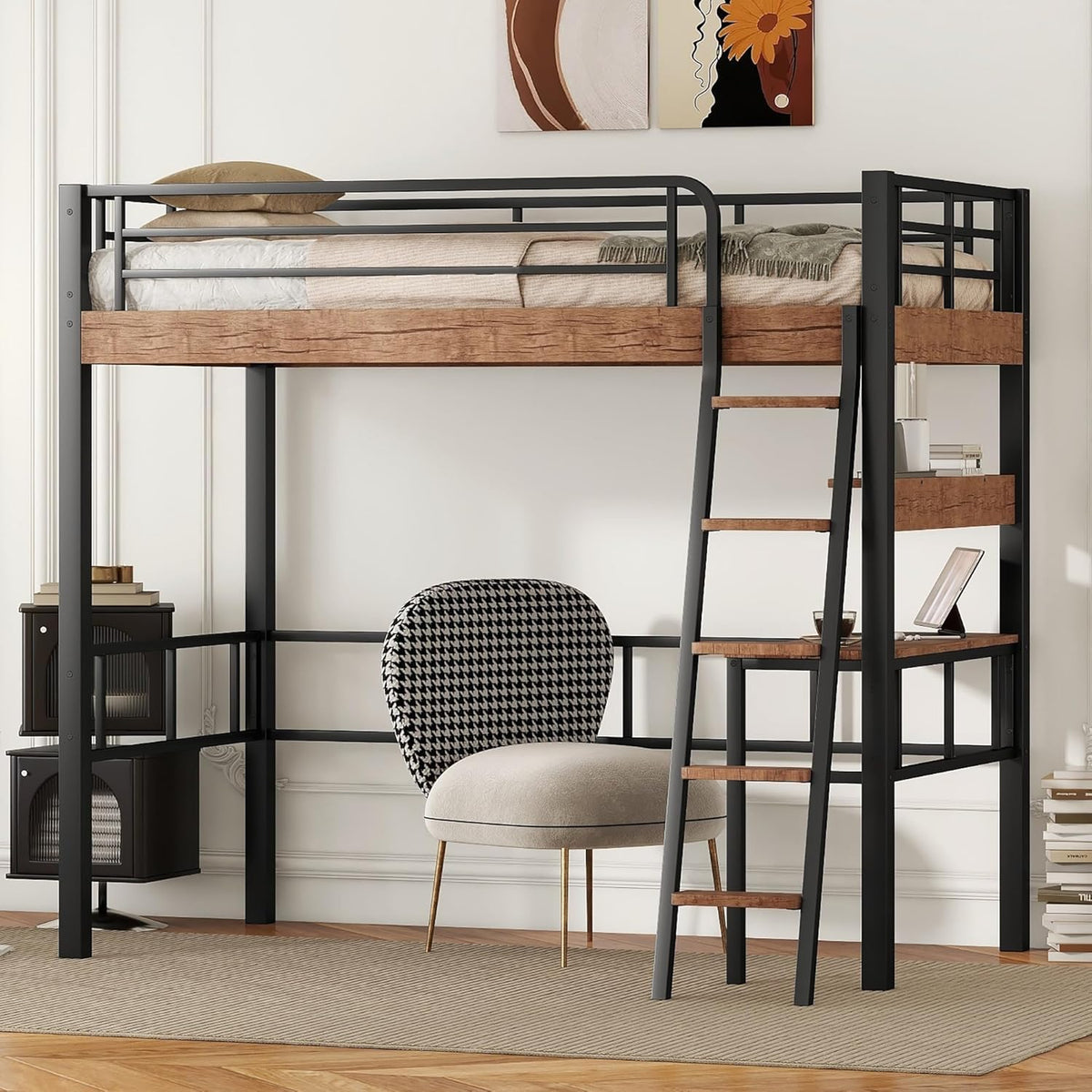 Metal Twin Size Loft Bed with Built-in Desk,Storage Shelf and Ladder,Full-Length Guardrails and Secured Metal Slats, High LoftBed W/Large Storage Space for Kids Teens Adults Bedroom,Black
