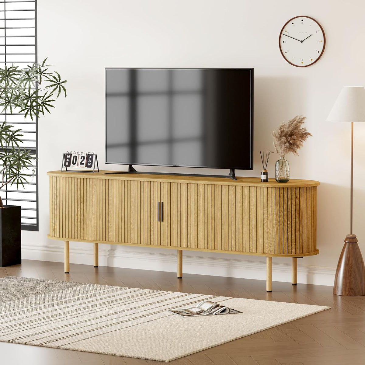 70.1" TV Stand, Modern TV Console Table with Storage Compartment and Sliding Door, Gaming Entertainment Center with Cabinet for Living Room, Bedroom, Office, Oak