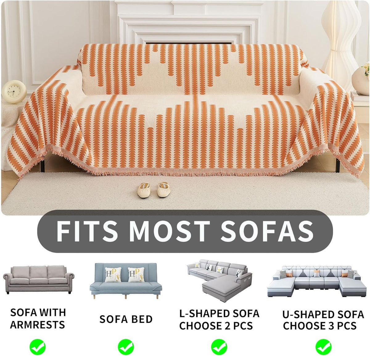 HAOMAIJIA Boho Sofa Covers Couch Covers for 3 Cushion Couch Sofa Pet Friendly Soft Thick Non Slip Couch Cover for Dogs Washable Sectional Couch Covers L Shape Furniture Protector (Orange, 71"x118")