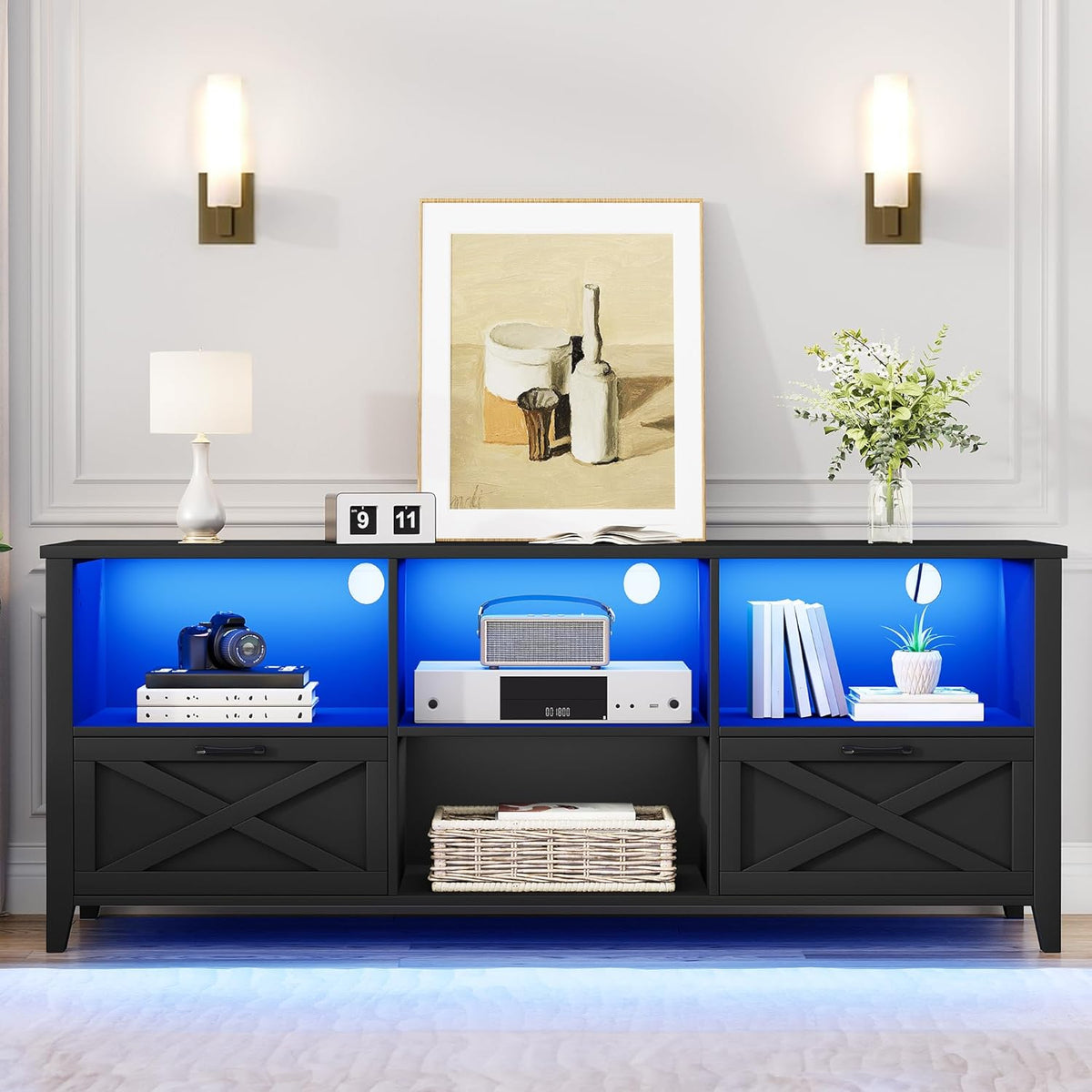 DWVO 70 Inch Farmhouse TV Stand with LED Lighting, Fits TVs up to 80 Inches, Media Console with Storage and Customizable Divider, Entertainment Center for Living Room (Black)