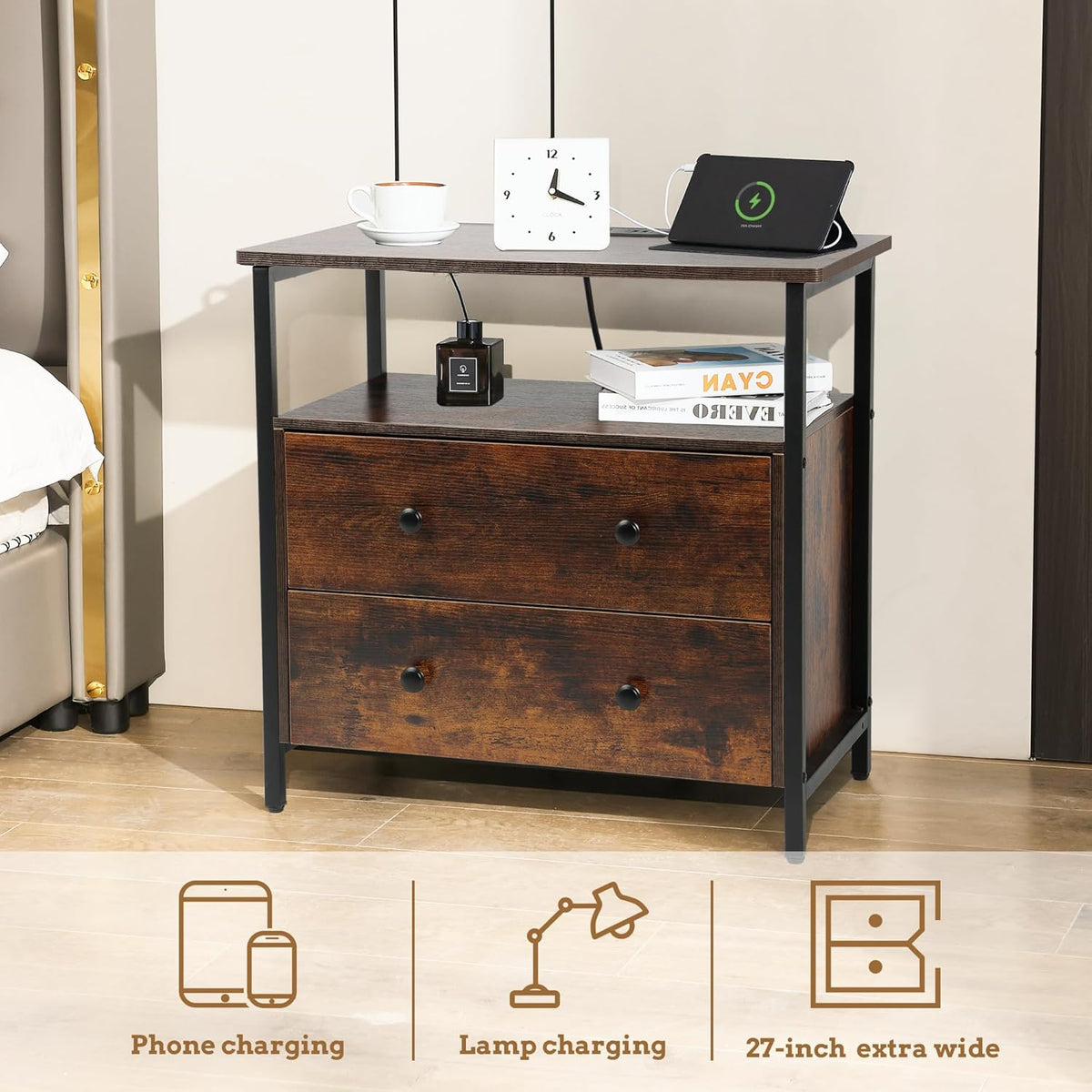 27 inch Wide Nightstand with Charging Station, Bedside Table with Open Shelf, 2 Drawers Small Wood Dresser, End Side Table for Bedroom (Rustic Brown)
