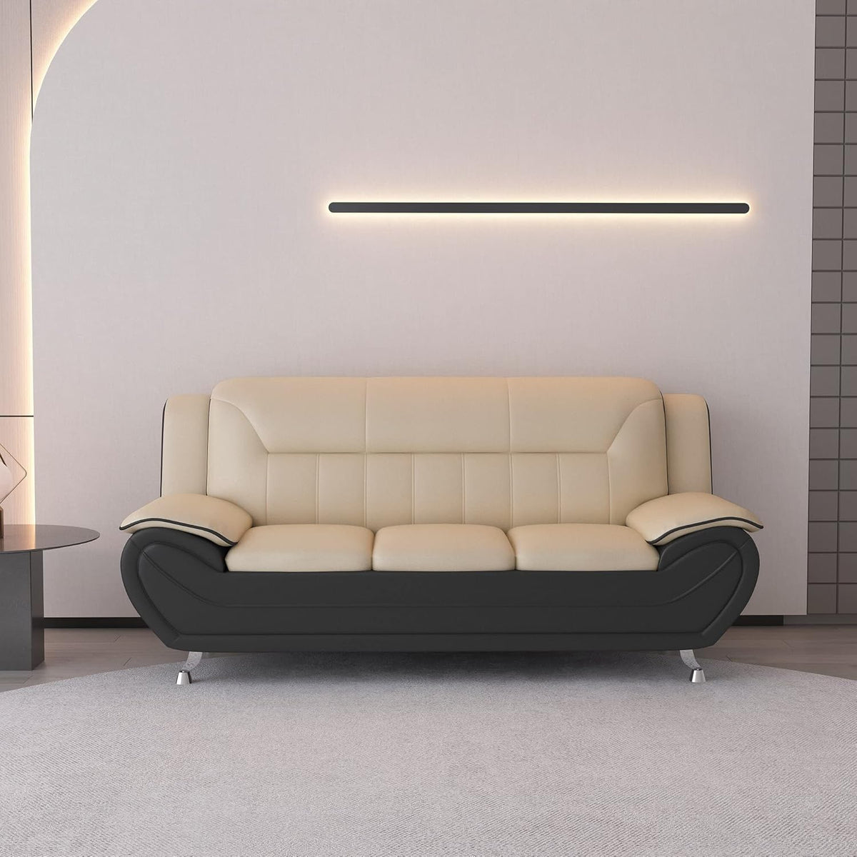 Container Furniture Direct Michael Modern Faux Leather Upholstered Stainless Steel Legs Living Room Sofa, Chair, Camel/Black