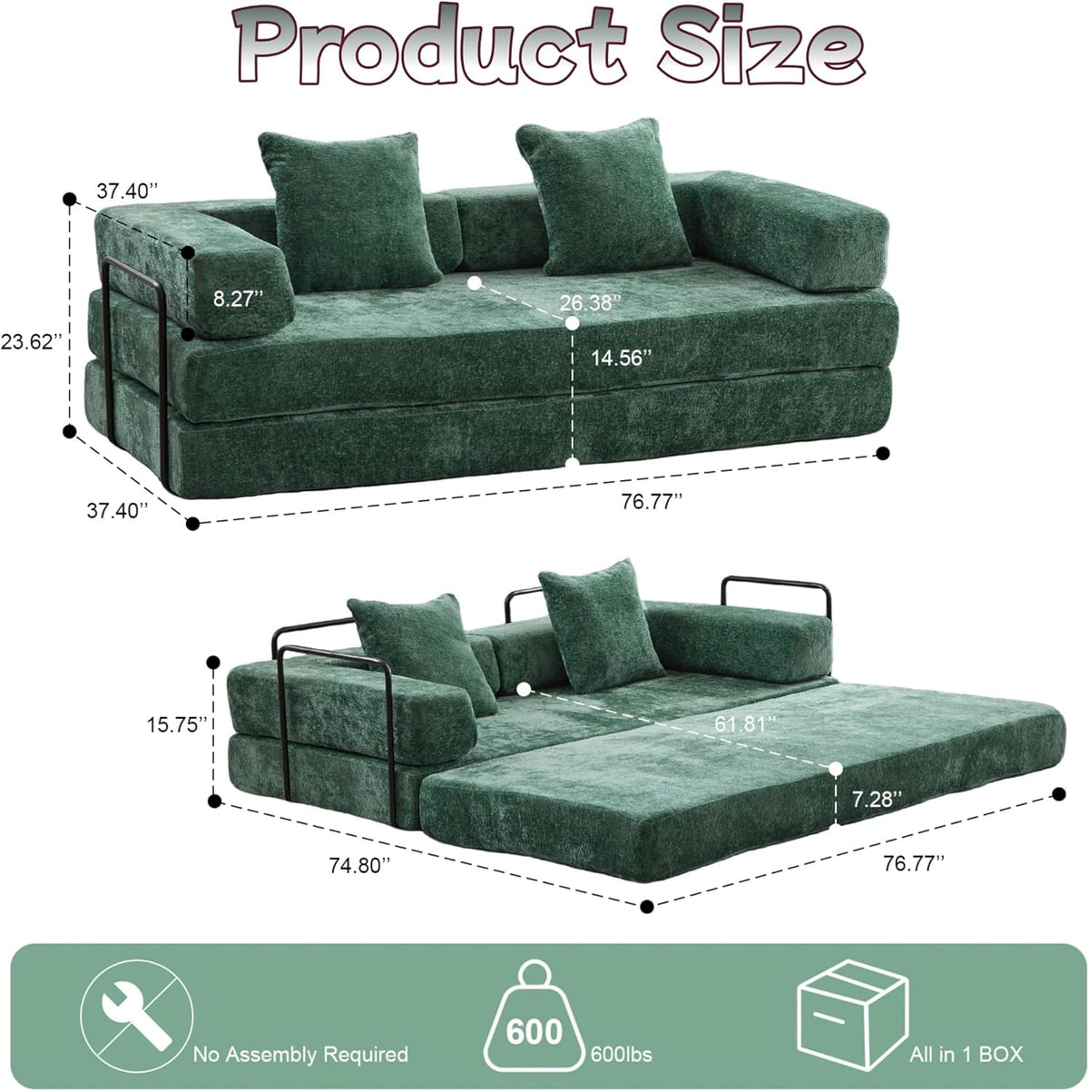Convertible Sofa Bed, Compression Futon Sofa with Pillows & Armrest, Foldable Mattress Couch with Fixed-Shape Frame, Comfy Couch Lounge Sleeper Bed for Living Room Bedroom, Dark Green