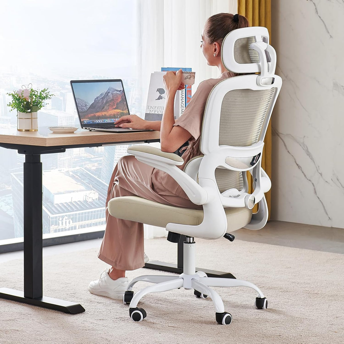 TRALT Office Chair Ergonomic Desk Chair, 330 LBS Home Mesh Office Desk Chairs with Wheels, Comfortable Gaming Chair, High Back Office Chair for Long Hours (Beige)