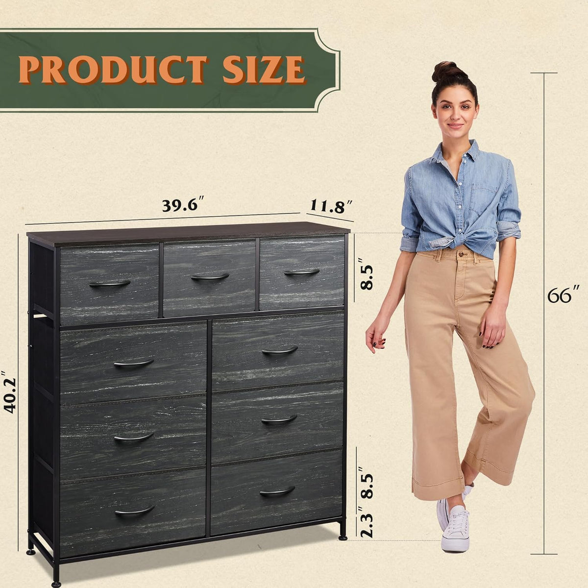 WLIVE 9-Drawer Dresser, Fabric Storage Tower for Bedroom, Entryway, Closet, Tall Chest Organizer Unit with Fabric Bins, Steel Frame, Wood Top, Easy Pull Handle, Charcoal Black Wood Grain Print