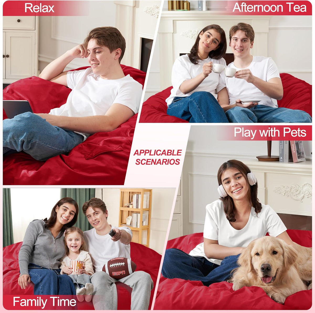 Homguava 6FT Bean Bag Chair Giant BeanBag with Memory Foam Filled, Large Bean Bag Chairs for Adults, Adult Bean Bag Chair with Dutch Velvet Cover for Living Room Bedroom-Red