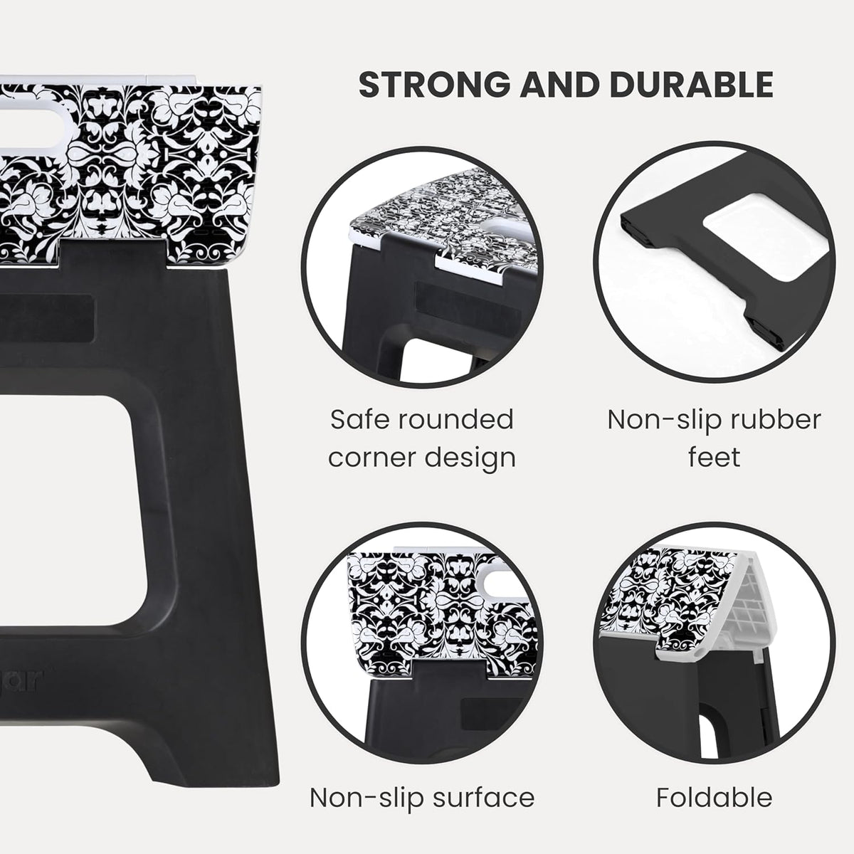Vigar Compact Step Stool Foldable, 12-1/2-inch Step Stools for Adults up to 330 Pound, Lightweight Stool, Non-Slip Folding Step Stool, Rococco Black