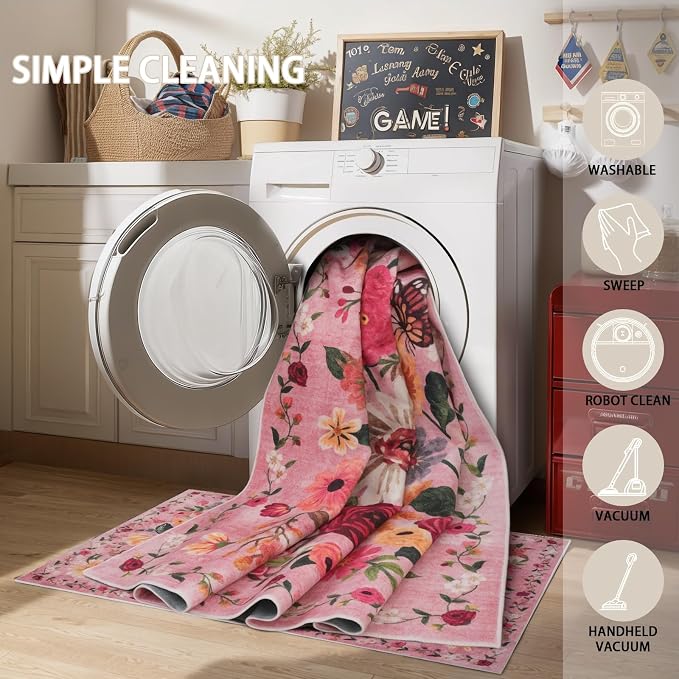 Floral Machine Washable Rug Pink, 3x5 Rug Non Slip Soft Bedroom Rugs