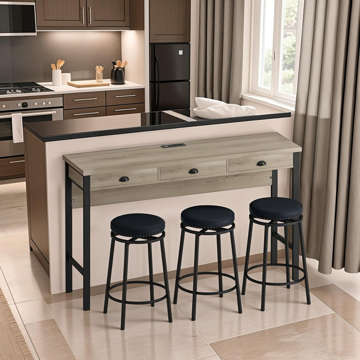 KEIKI 60.24” Long Bar High Top Dining Table and 3 Stools Chairs Set with Drawer & Power Outlet, Wood Behind Couch Sofa Counter Height Pub Furniture for Breakfast, Kitchen Living Party Room, Black