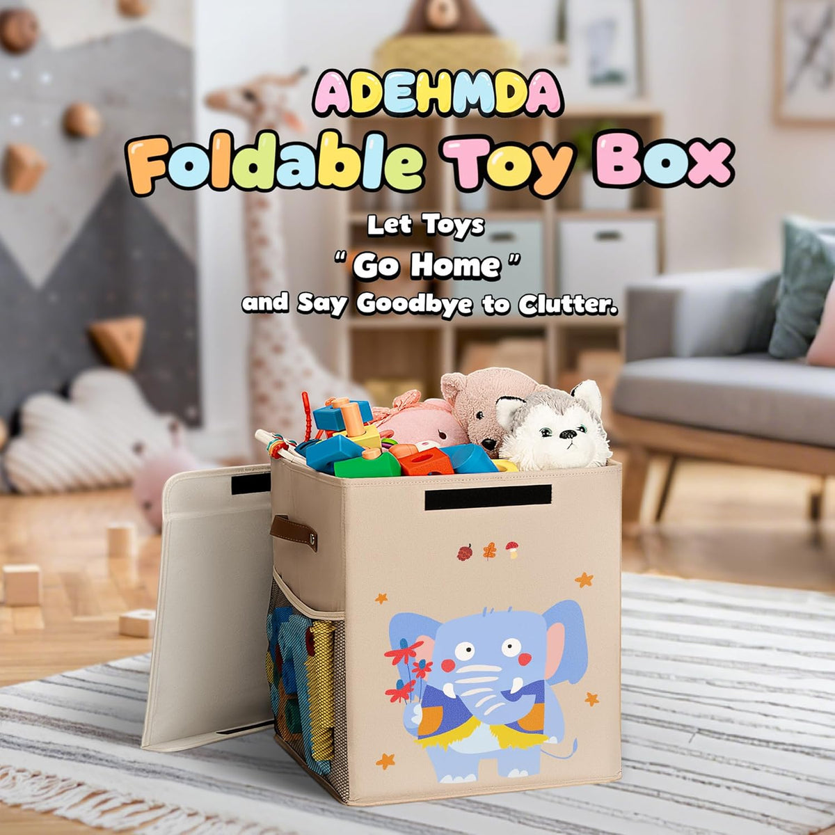 40L Large Toy Storage Box with Lid, Large Toy Box Chest for Kids, Girls and Boys, Nursery Room and Living Room, 13"x13" x16" (Dark Khaki-animal)