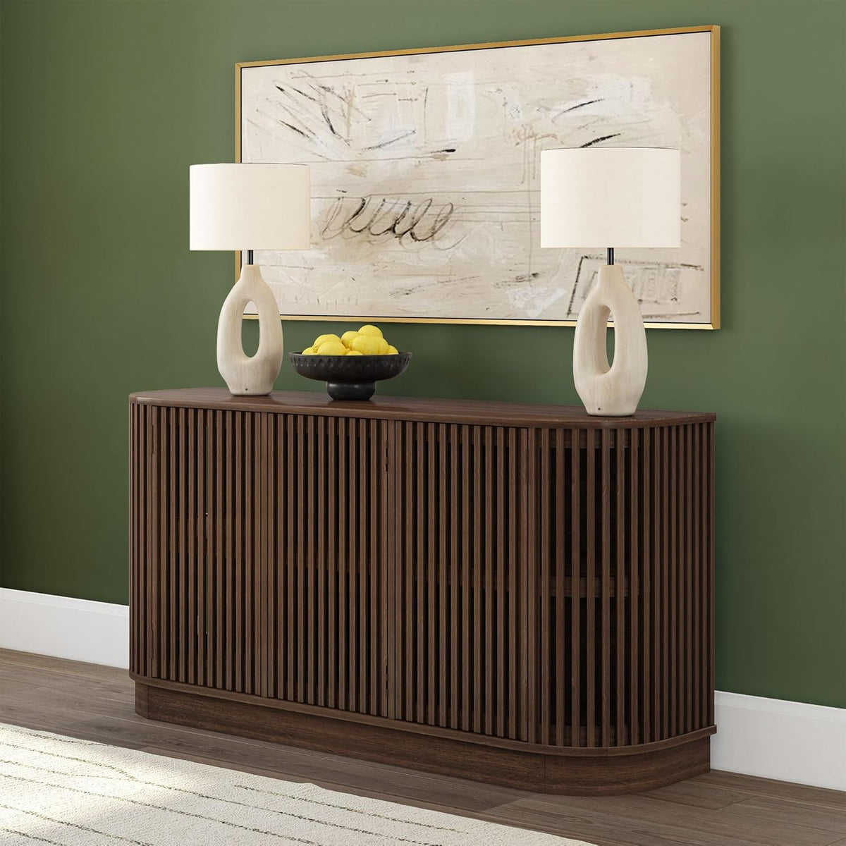 Plank+Beam Contour Wood TV Stand, Three Door Solid Wood Entertainment Console with Storage, 59" L x 16" W x 30" H, Walnut