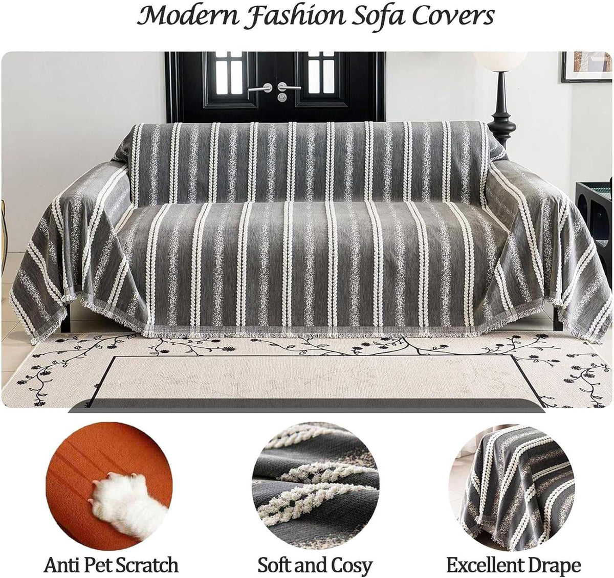 Couch Cover for Dogs Washable Sofa Cover, Sectional Couch Covers, Sofa Covers for 2 Cushion Couch, Non Slip Stripe Sofa Slipcovers Furniture Protector, Couch Protector from Cat Claws, Grey,75''x118''