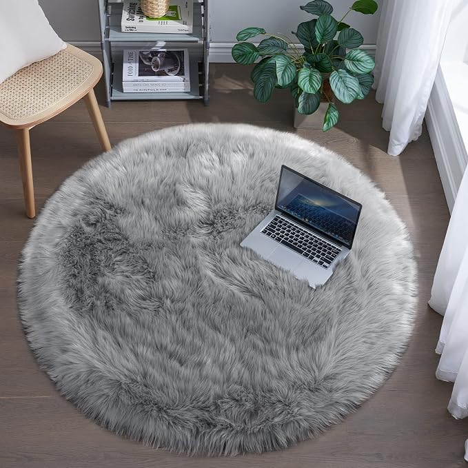 Tangsoo Round Faux Fur Rugs, Sheepskin Round Rug 3ft, 3x3 Fuzzy Plush Fur Rug