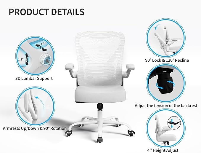 White Office Chair for Big and Tall People - 400lbs Wide Seat Computer Desk Chair Gaming Ergonomic High Back Cushion Lumbar Support with Comfy Mesh Swivel Rolling Home Task Chair