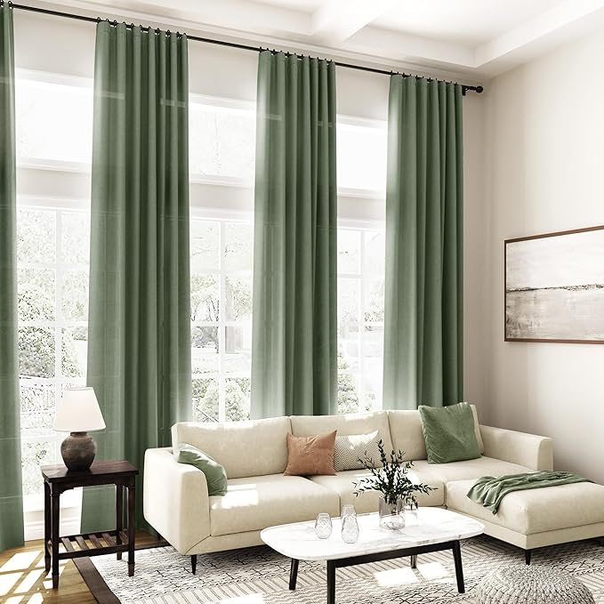 Extended Curtain Olive Green Linen Sheer Curtains
