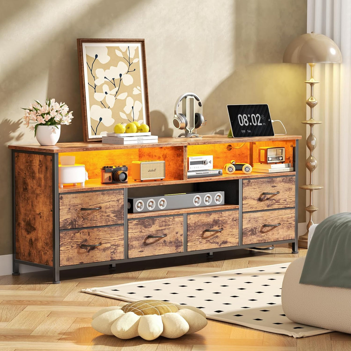 Furologee 55" LED TV Stand for Bedroom with Power Outlets, Entertainment Center with 6 Fabric Drawers for 50/55/60 inch TVs, Dresser TV Stand Long Console Media Table for Living Room, Rustic Brown