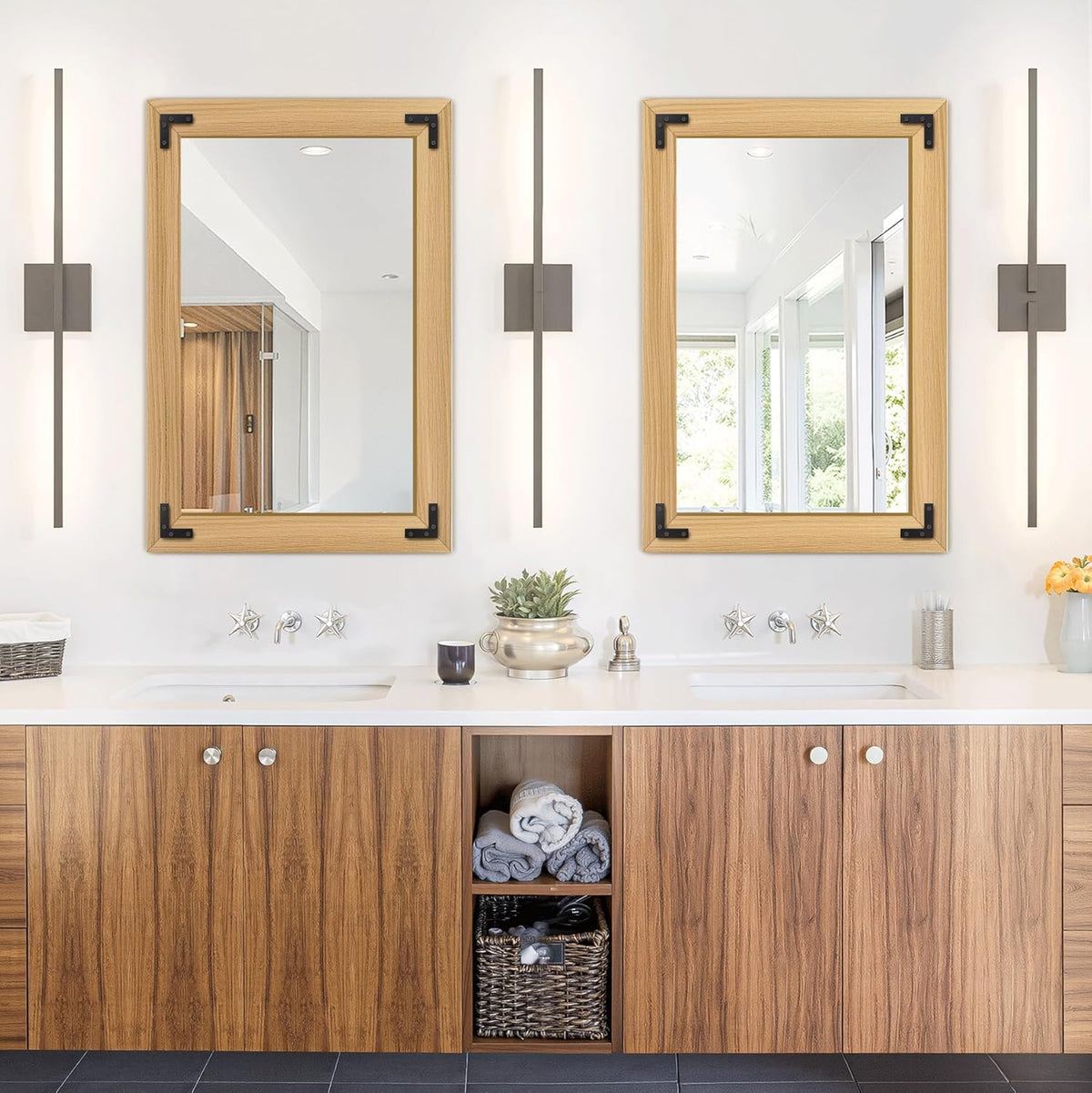 Bathroom Mirror for Wall with Wooden Frame, 36"x24" Solid Wood Vanity Mirror for Farmhouse, Bathroom, Bedroom Decor, Vertical or Horizontal Hanging(Natural)