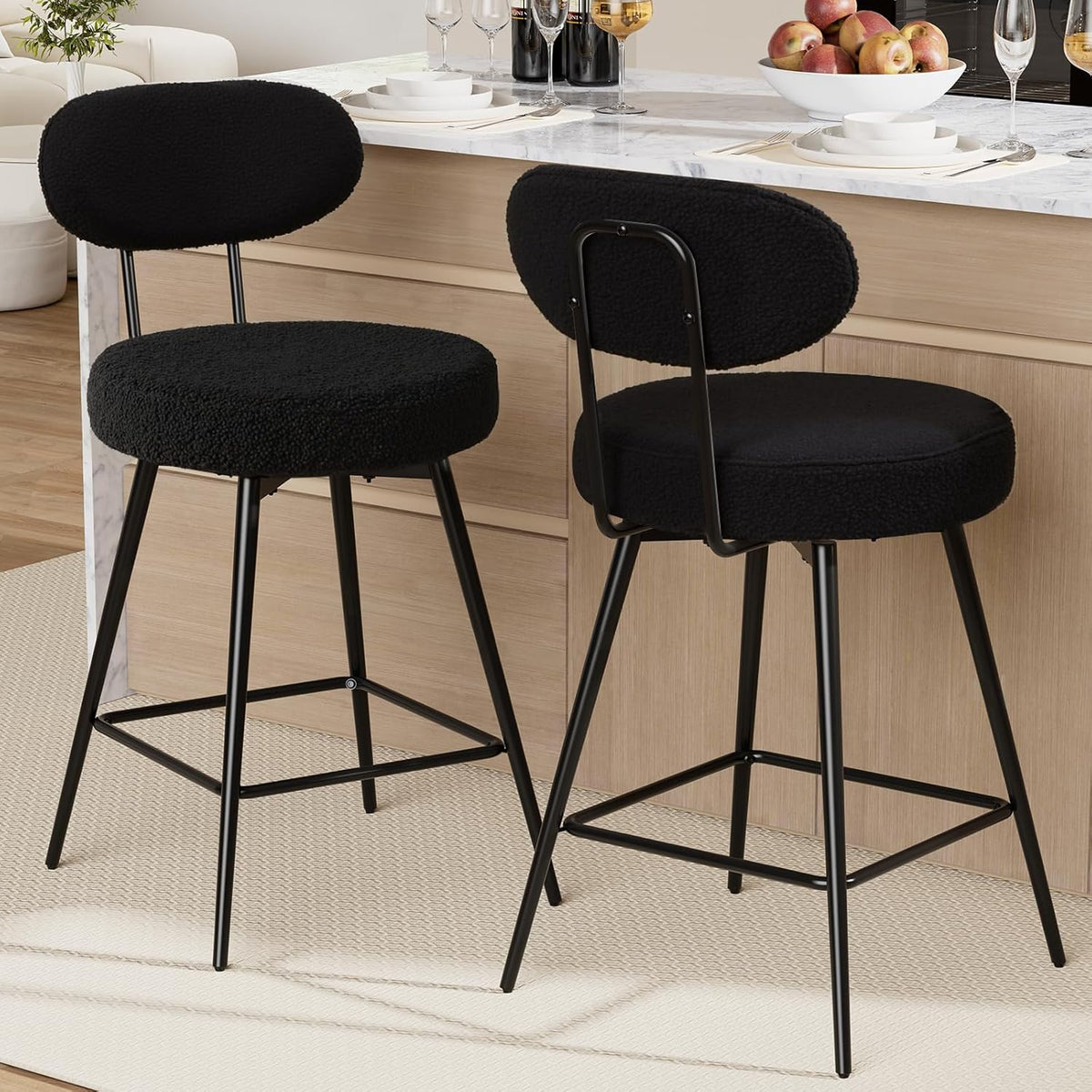 HOMMPA Counter Height Swivel Bar Stools Set of 2 Boucle Barstools 26'' Upholstered Modern Counter Barstools with Back Metal Legs Bar Stools Chairs for Kitchen Counter Island Black