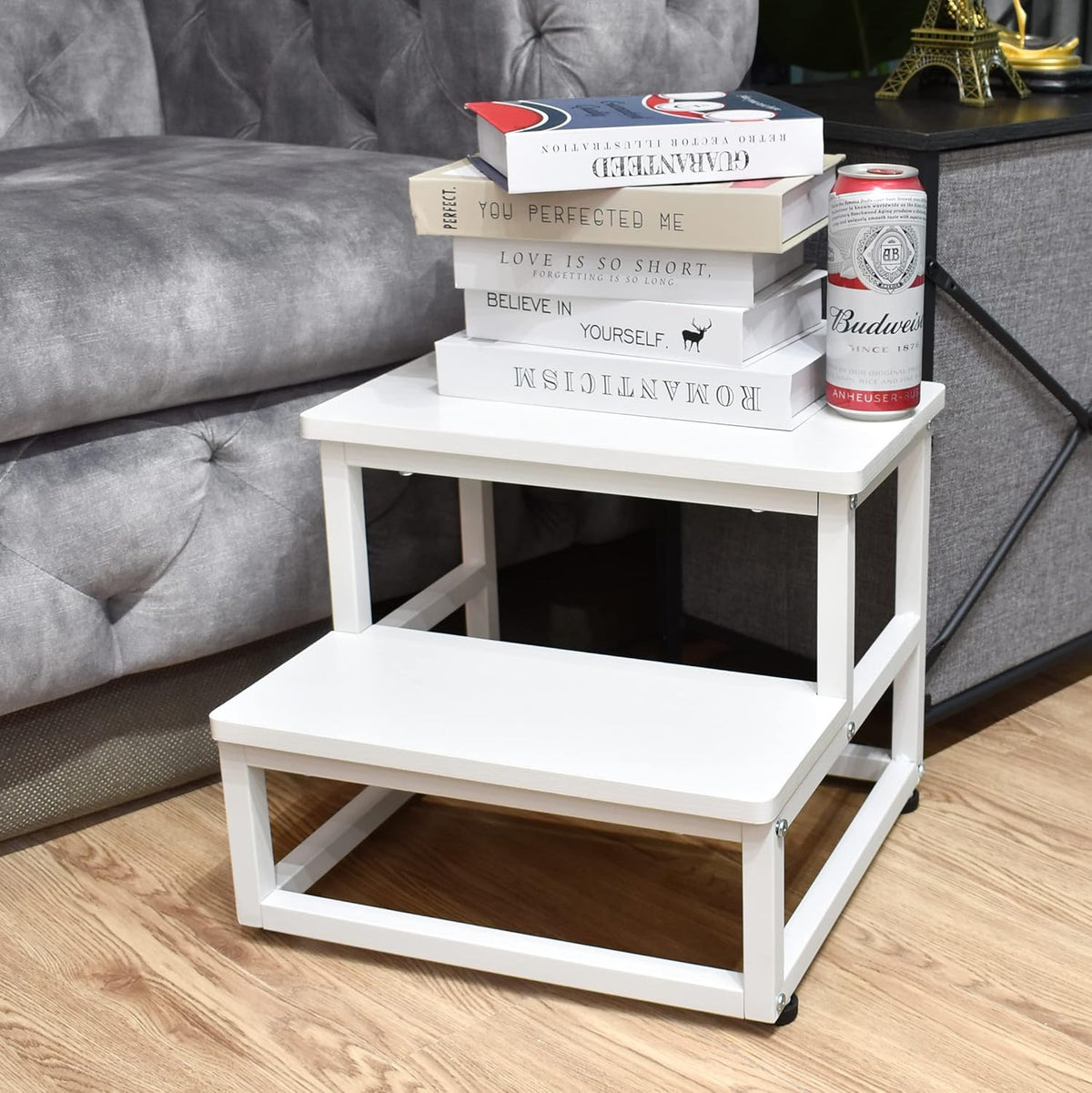 Nursery Step Stool, Wooden and Metal Foot Stool for Adult Kid, Steps for High Beds with Round Corners, Small Stepping Stool for Bedroom Kitchen, Load 500 LB, White