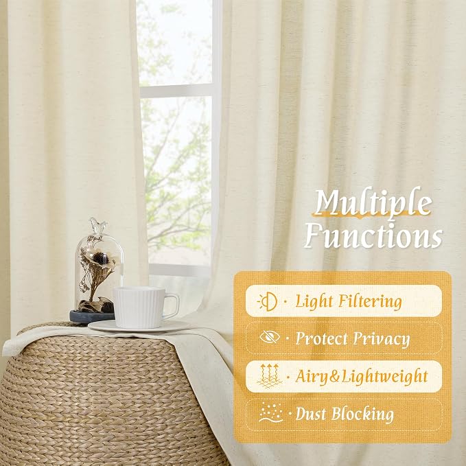 LAMIT Natural Light Beige Linen Curtains 84 inch Long 2 Panels, Soft Thick