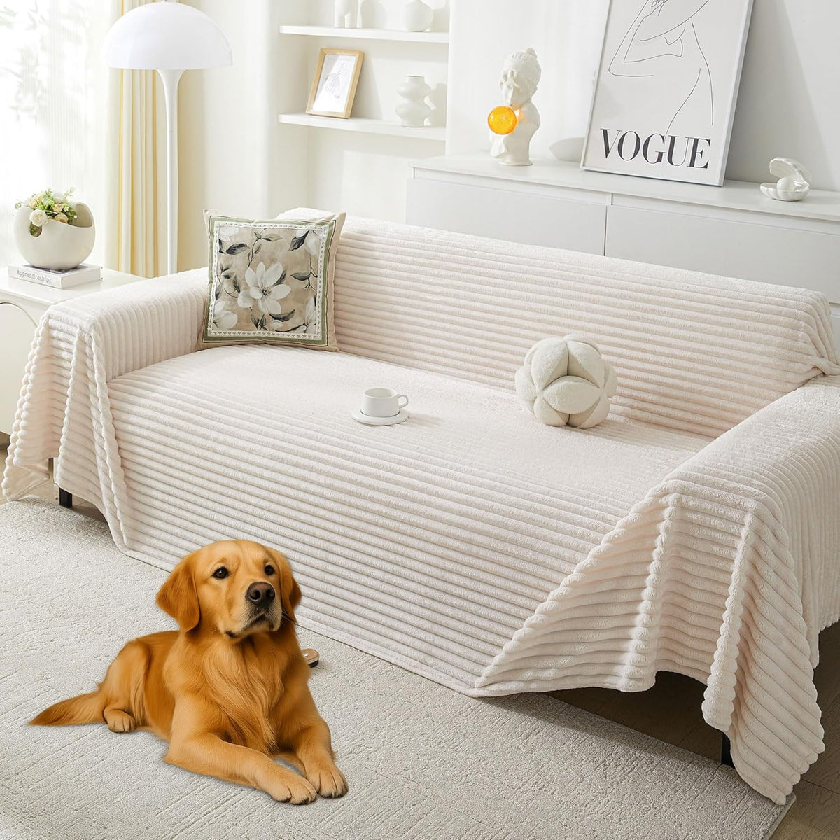 HAOMAIJIA Faux Fur Sofa Covers Couch Covers for 2 Cushion Couch Sofa Pet Friendly Soft Non Slip Couch Cover for Dogs Washable Sectional Couch Covers L Shape Furniture Protector (Off White, 91"x118")