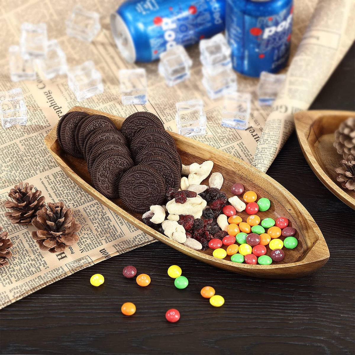 Lucky Boat Serving Tray, Acacia Solid Wood Boat Shape Plate for Serving Desserts, Fruit, Snack and Seafood or House Ornament,Key Tray,Functional and Storage Decorative Bowl。 (S)