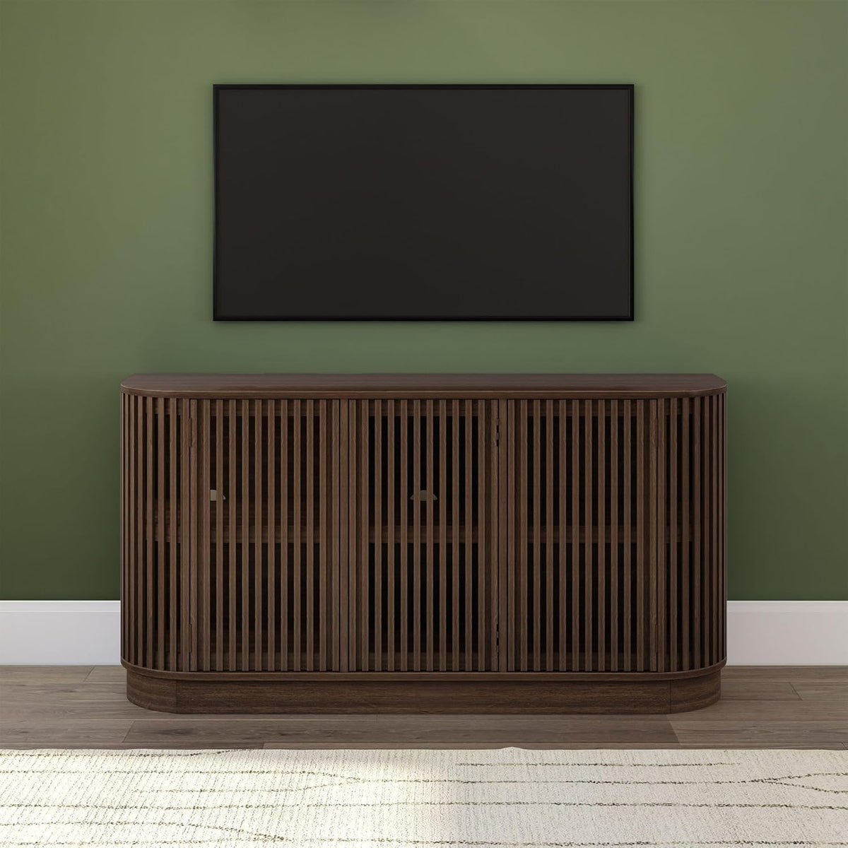 Plank+Beam Contour Wood TV Stand, Three Door Solid Wood Entertainment Console with Storage, 59" L x 16" W x 30" H, Walnut