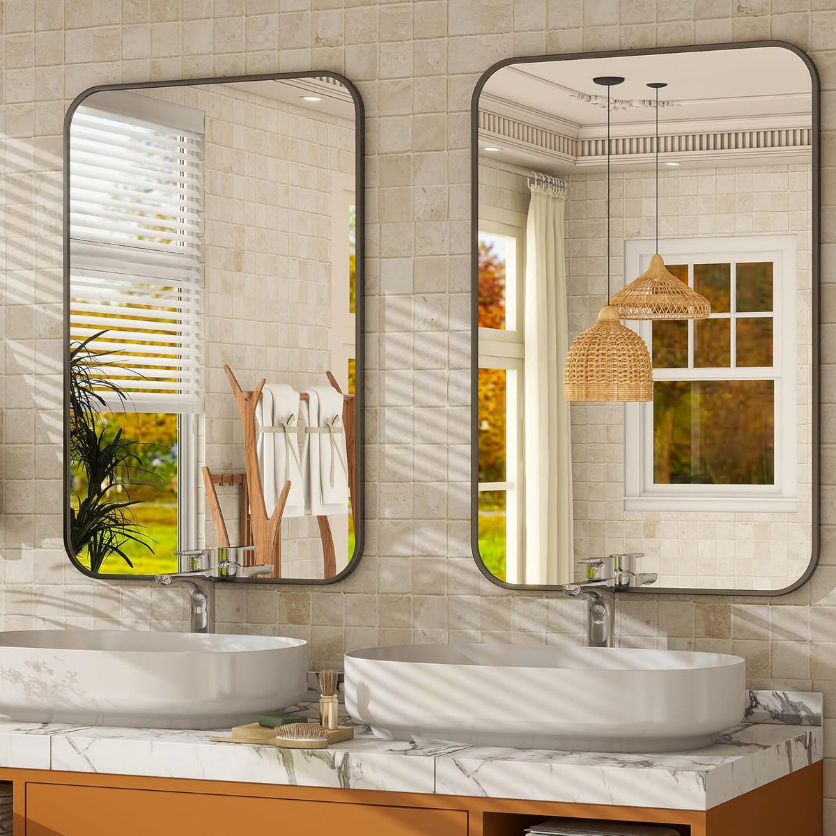 24 x 36 Inch Bathroom Mirror, Rounded Rectangular Vanity Mirror for Wall, Modern Mirror for Room Decor, Black Framed Wall-Mounted Mirrors for Home Decor, Hangs Horizontally or Vertically