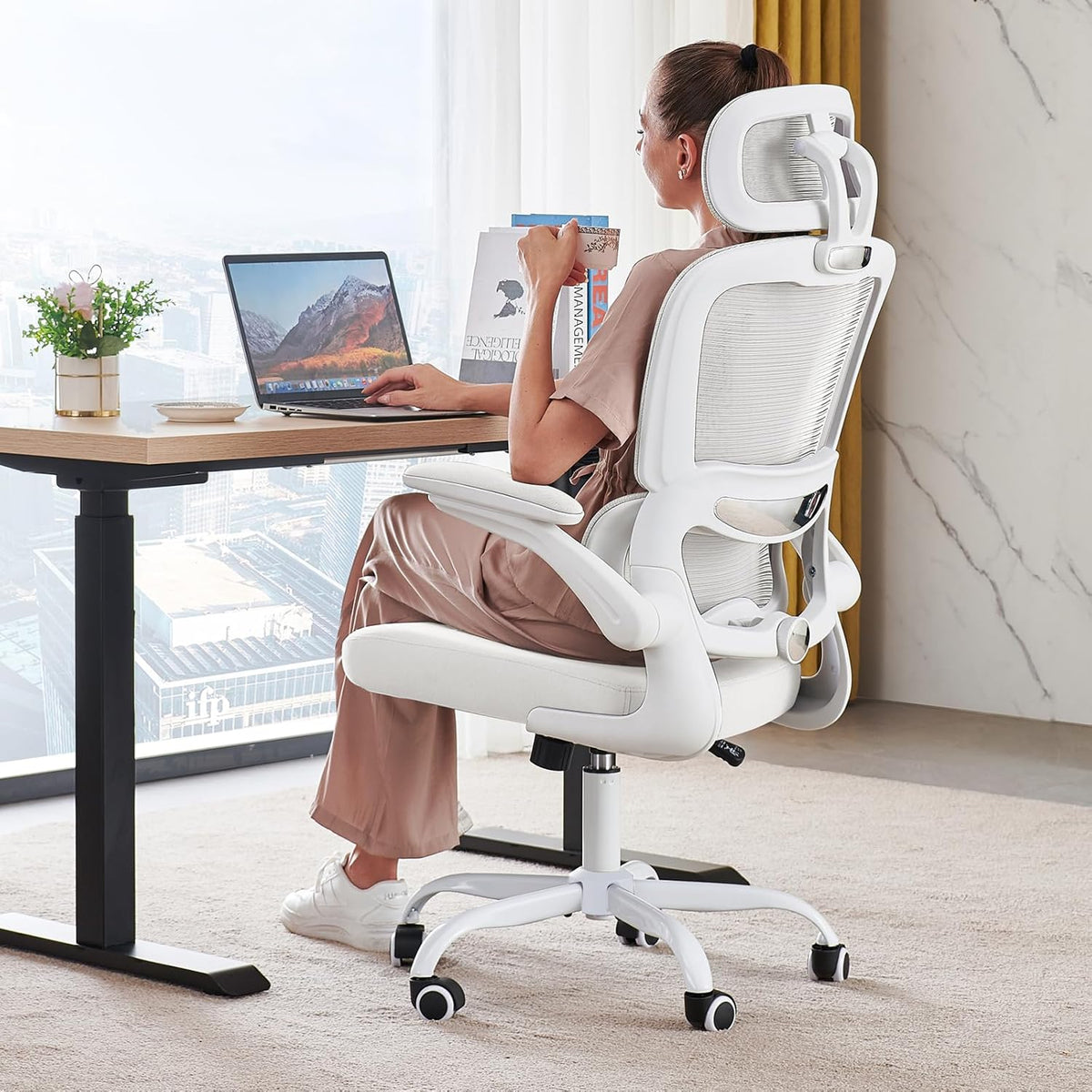 TRALT Office Chair Ergonomic Desk Chair, 330 LBS Home Mesh Office Desk Chairs with Wheels, Comfortable Gaming Chair, High Back Office Chair for Long Hours (White)