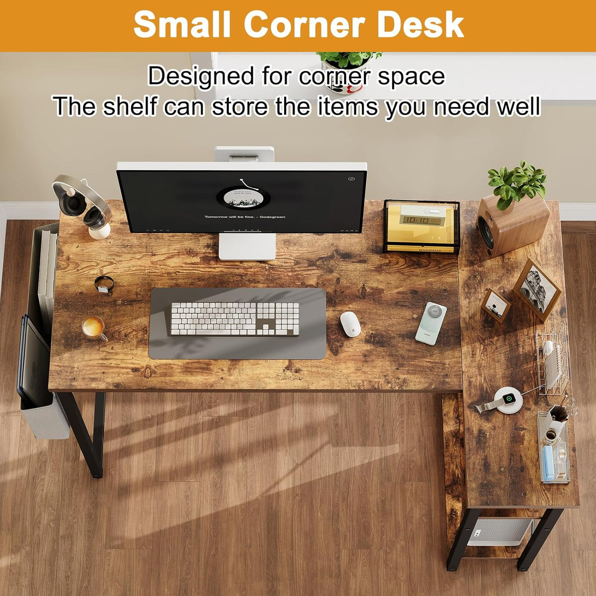 L Shaped Computer Desk with Reversible Shelves, 47 Inch Small Corner Desk with Storage Bag, Gaming Desk Computer Table Study Writing Desk for Home Office Small Space, Rustic Brown