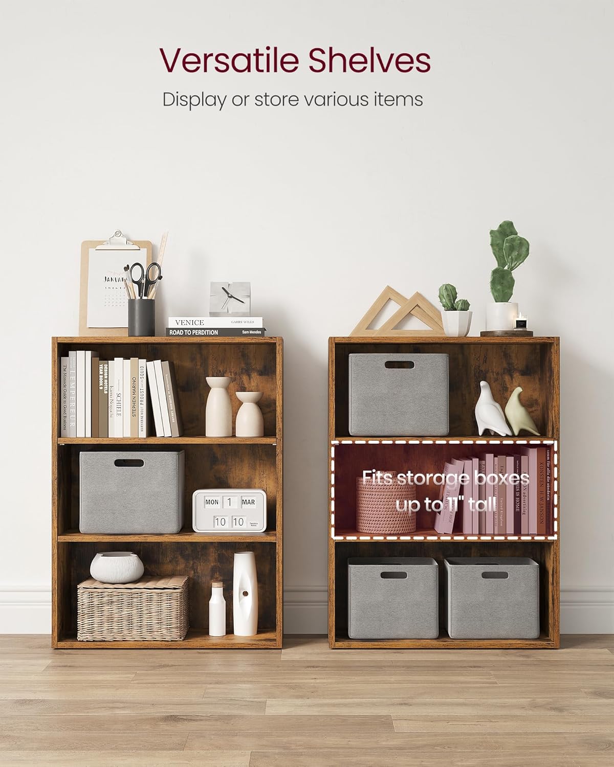 VASAGLE CUSTOS Collection - Bookshelf, 3-Tier Bookcase, Book Shelf, Open Storage Shelf, 9.4 x 23.6 x 32 Inches, for Living Room, Home Office, Dinning Room, Rustic Brown ULBC163X01