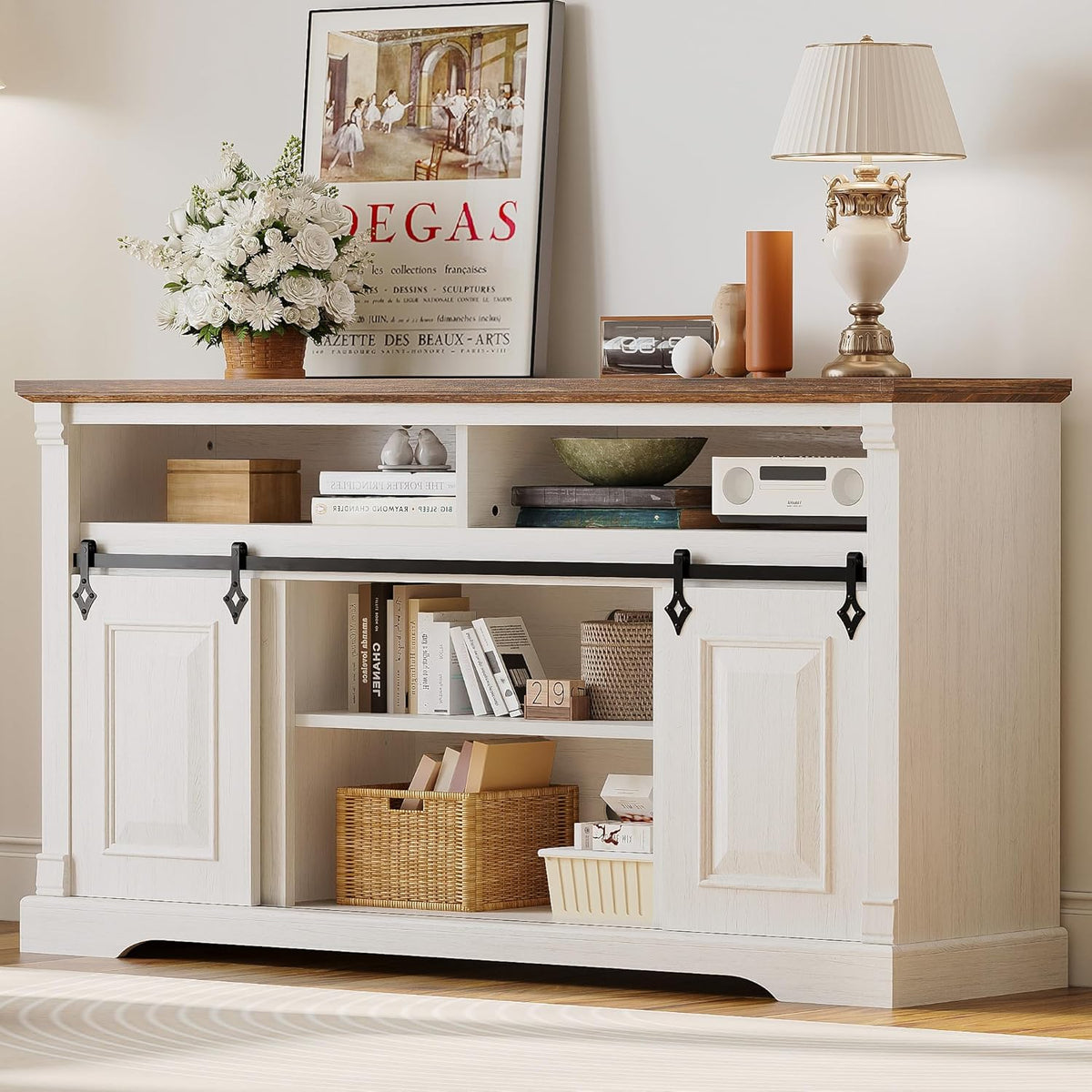 IRONCK Farmhouse TV Stand for 65+ Inch TV, 59" Entertainment Center with Storage Cabinets and Sliding Barn Door, Media Console for Living Room, White
