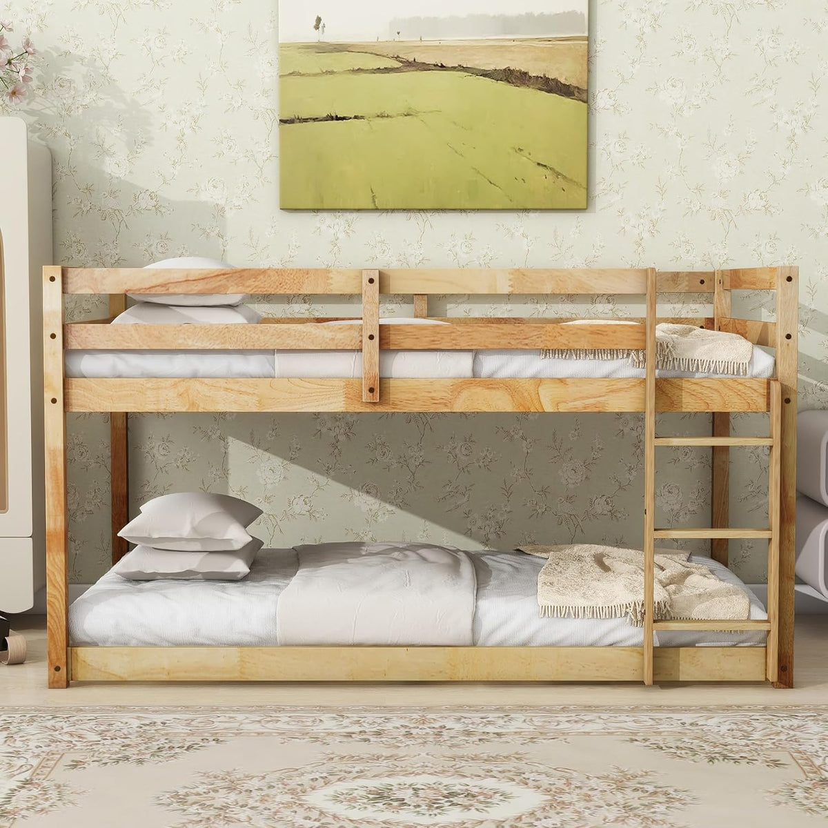 Ball & Cast Bunk Bed Twin Over Twin,Floor Bunk Bed with Ladder,Solid Rubber Wooden Bed Frame w/Full Length Guardrail,for Dormitory, No Box Spring Needed,for Kids Teens,Natural