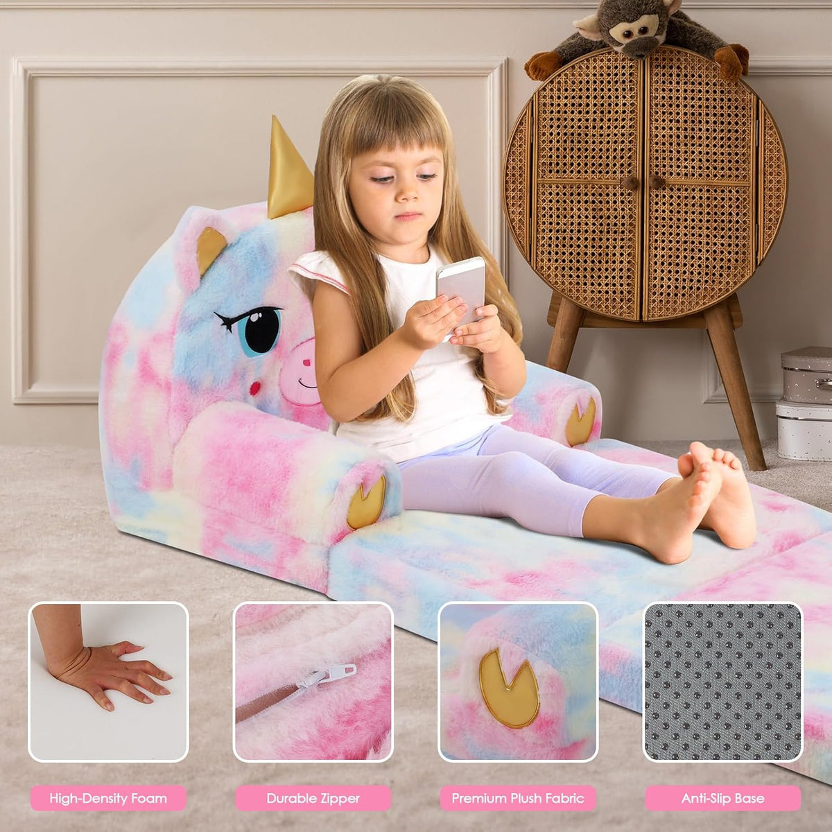 Kids Couch Comfy Foldable Kids Sofa to Lounger 2 in 1 Toddler Chair Plush Baby Sleeper Chair for Playing and Napping, Birthday Gifts for Boys and Girls