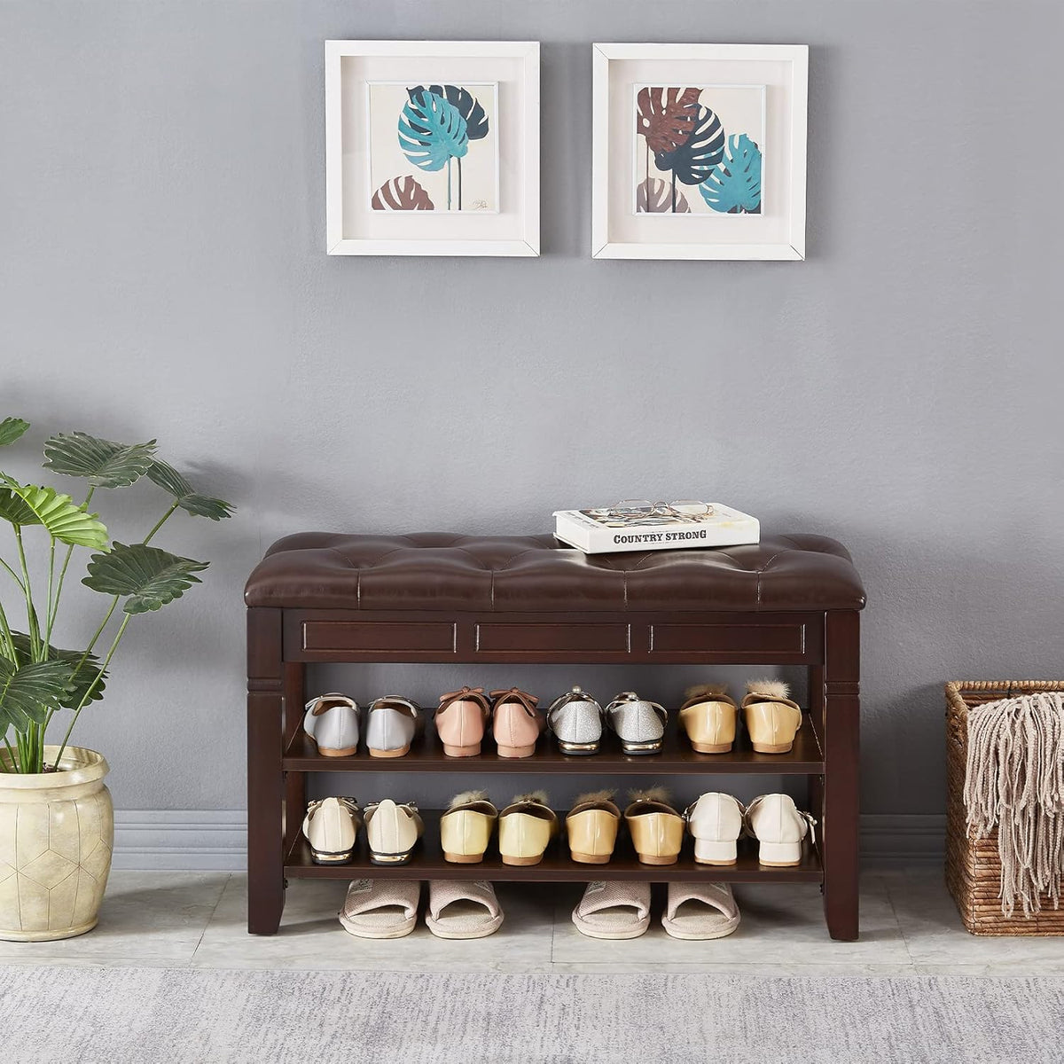 Shoe Storage Bench, Entryway Shoe Rack with Fiberleather Seat 2-Tier Lift Top Organizer Wooden Shoe Bench for Entryway Hallway Living Room (Dark Brown 31.5x13.8x18.9'')