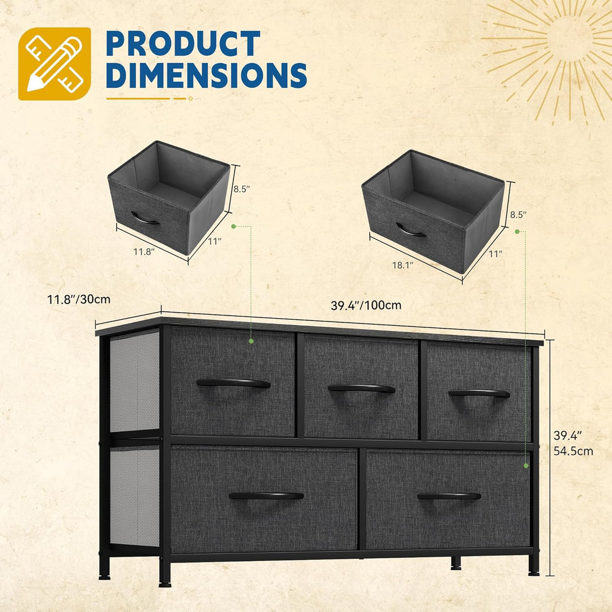 DWVO Dresser with 5 Drawers - Fabric Storage Tower, Black Dresser & Chest of Drawers, Organizer Unit for Bedroom