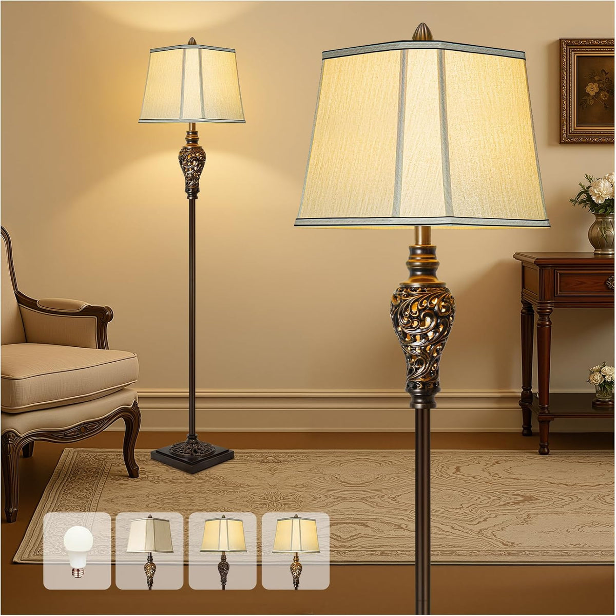 Vintage Floor Lamp with Night Light, 65" Retro Standing Lamp with Brown Finish and Beige Faux Silk Shade, Farmhouse Industrial Design Tall Lamp for Living Room Bedroom Bedside Corner (Bulb Included)