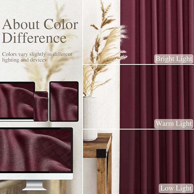 Nanspring Burgundy Linen 112 Inch Curtains