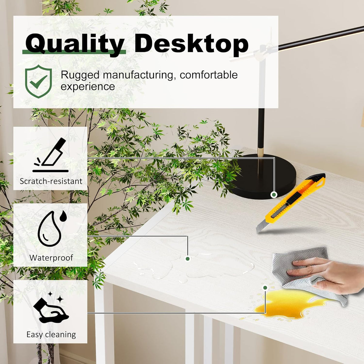 35 inch Small Folding Desk, Writing Gaming Computer Camping Desk for Small Spaces, No Assembly Required Home Office Table, Natural and White